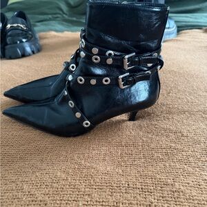 Zara Black Pointed-Toe Kitten Heel Ankle Boots with Grommet Strap Detail